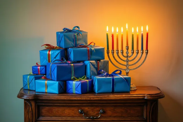 Een piramide van blauw ingepakte cadeaus staat naast een brandende kandelaar op een houten dressoir in warme oranje en blauwe tinten.