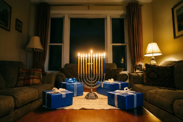 Een brandende kandelaar staat tussen blauwe cadeaudozen met linten op een tafel in een schemerige woonkamer met lampen en ingelijste afbeeldingen aan de muren.