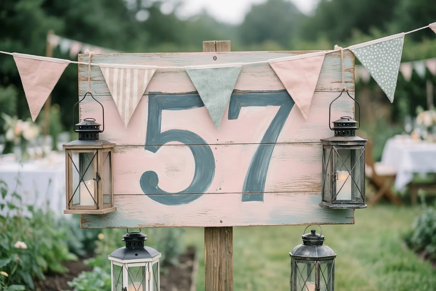 Een landelijk houten bord met 57 in blauwe verf staat in een tuin met gras, vlaggetjes en lantaarns, met onscherpe tafels en groen op de achtergrond.