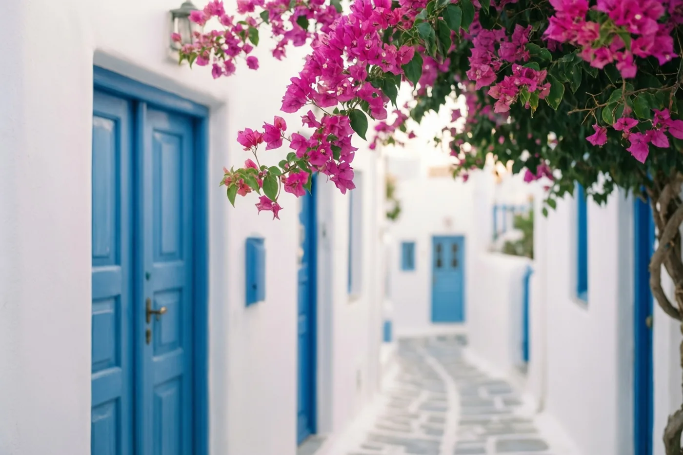 In een smal steegje met witgekalkte muren en blauwe deuren hangen felroze bougainvilleabloemen boven de doorgang.