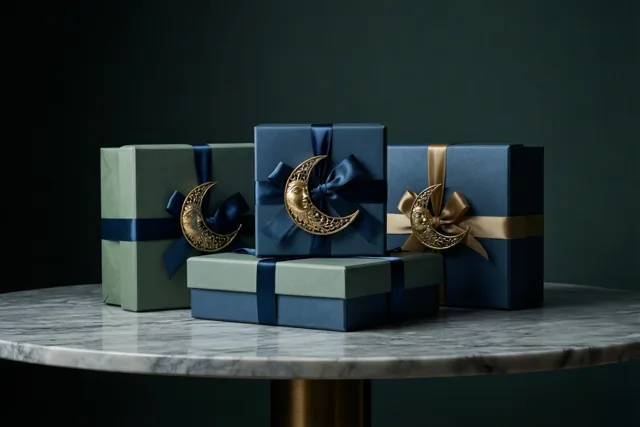 Vier diepblauwe en groene geschenkdozen met linten en maansikkelornamenten staan op een witte marmeren sidetable tegen een donkergroene achtergrond.