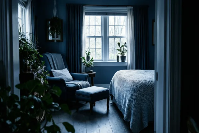 Een blauwe fauteuil met een gebreide deken en een bijpassend voetenbankje staat bij het raam in een slaapkamer met diepblauwe muren, een houten vloer en potplanten.