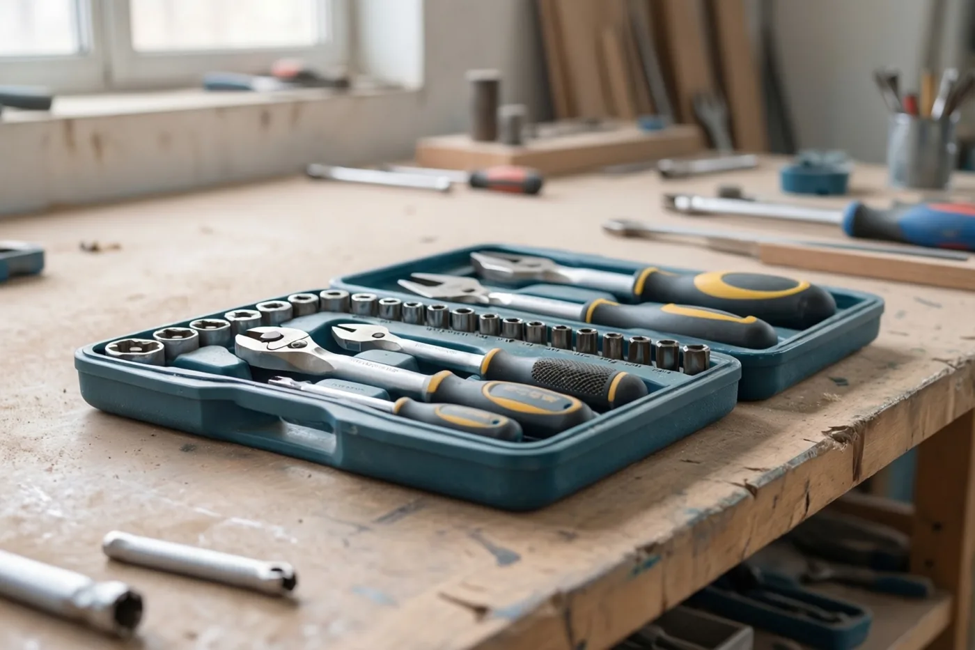 Een nieuwe set gereedschap ligt netjes in een blauwe koffer op een versleten houten werkbank, verlicht door daglicht uit een raam.
