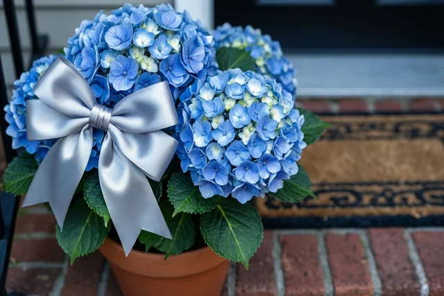 Een blauwe hortensia in een pot met een grote zilverkleurige satijnen strik staat op een bakstenen stoep naast een deurmat.