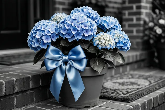 Een blauwe hortensia in een pot met een grote blauwe satijnen strik staat op een bakstenen stoep naast een deurmat, met bloemen en strik in kleur tegen een zwart-witte achtergrond.