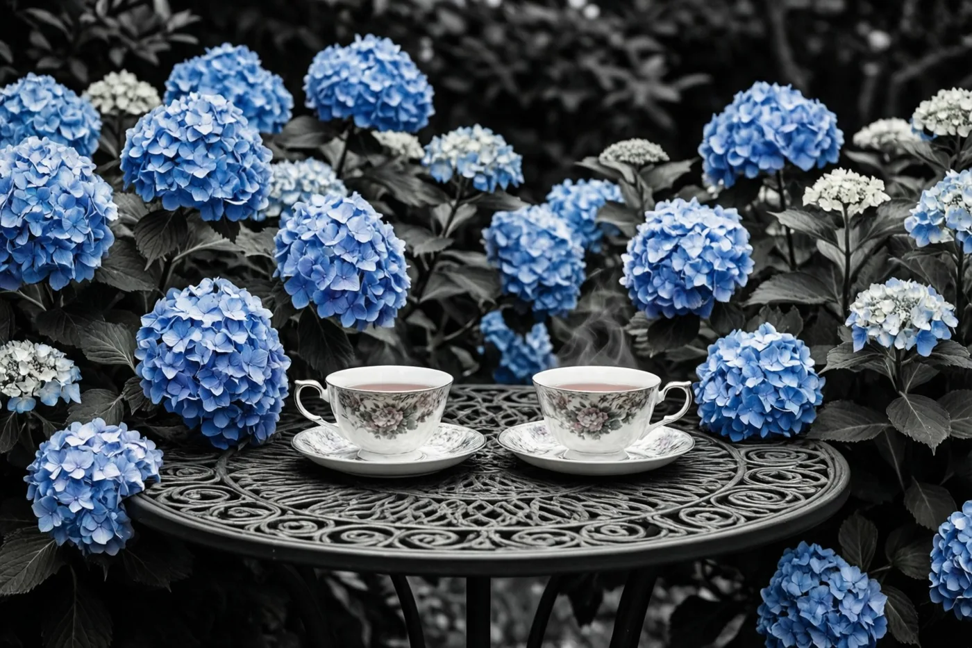 Twee theekopjes met schoteltjes staan op een sierlijke metalen tuintafel tussen felblauwe hortensia's, terwijl de rest van het beeld in zwart-wit is.