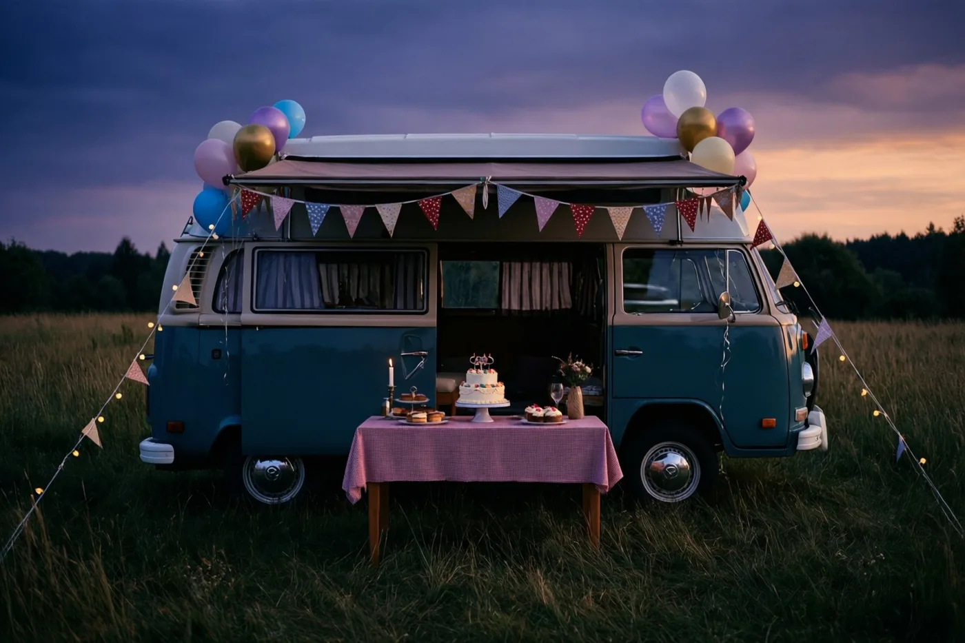 Een oude blauwe kampeerbus staat bij schemering in een grasweide, met ballonnen, vlaggetjes en taart op een roze geruite tafel onder de luifel, tegen een paarsoranje hemel.