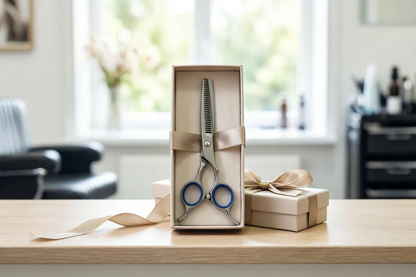 Een kappersschaar met blauwe handvatten staat rechtop in een beige geschenkdoos met een beige lint op een houten salontoog, met een raam en stoel op de wazige achtergrond.