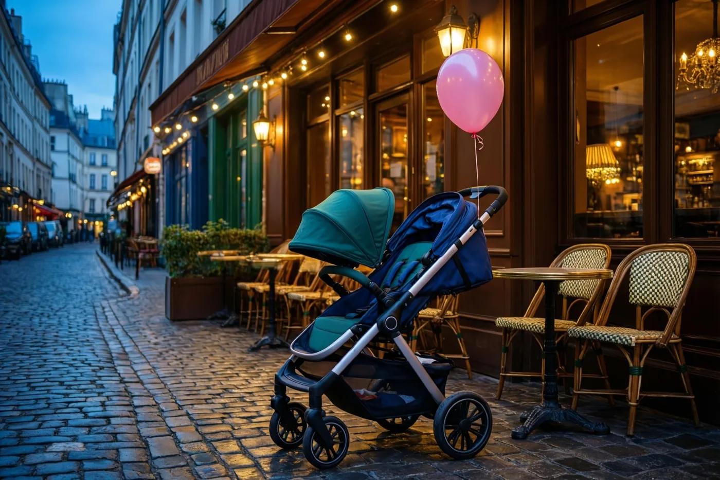 Een blauwe en blauwgroene kinderwagen met een roze ballon aan de duwstang staat bij valavond op een straat met kasseien voor een bruin café met terras, verlicht door cafélichten en straatlampen.