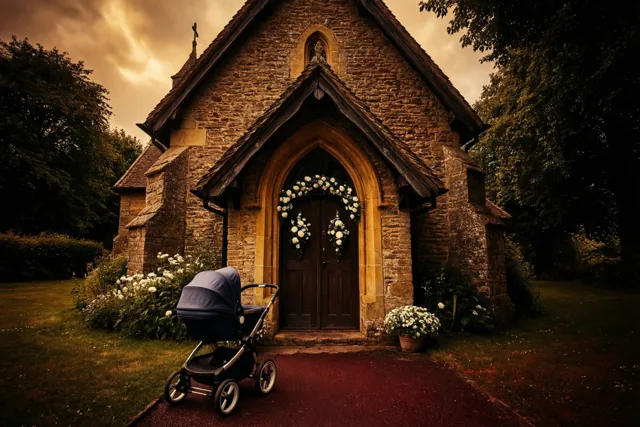 Een blauwe kinderwagen staat op een rood pad voor een stenen dorpskerk met witte bloemen rond de gotische deuropening, onder een goudbruine lucht.