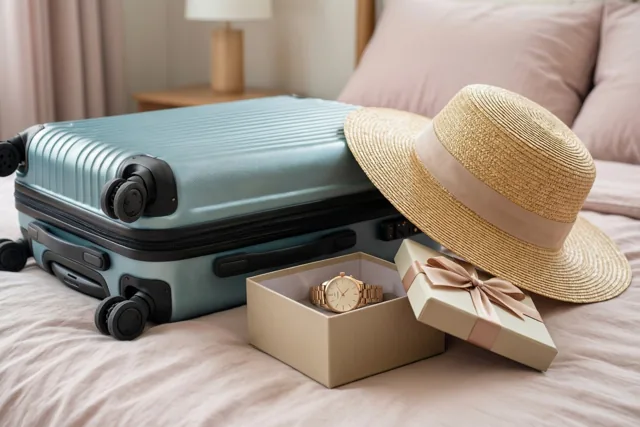 Een lichtblauwe koffer en een strohoed liggen op een bed naast een open geschenkdoos met een gouden horloge, met pastelroze beddengoed en een houten nachtkastje in zacht licht.