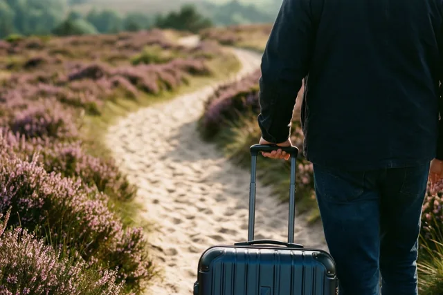 Een persoon trekt met de rug naar de kijker een donkerblauwe koffer over een slingerend zandpad door paarse heide in warm gouden licht.