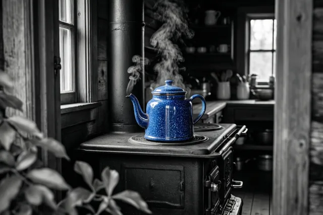 Een felblauwe gespikkelde emaille koffiepot dampt op een oude gietijzeren houtkachel in een landelijke keuken die verder in zwart-wit is weergegeven.