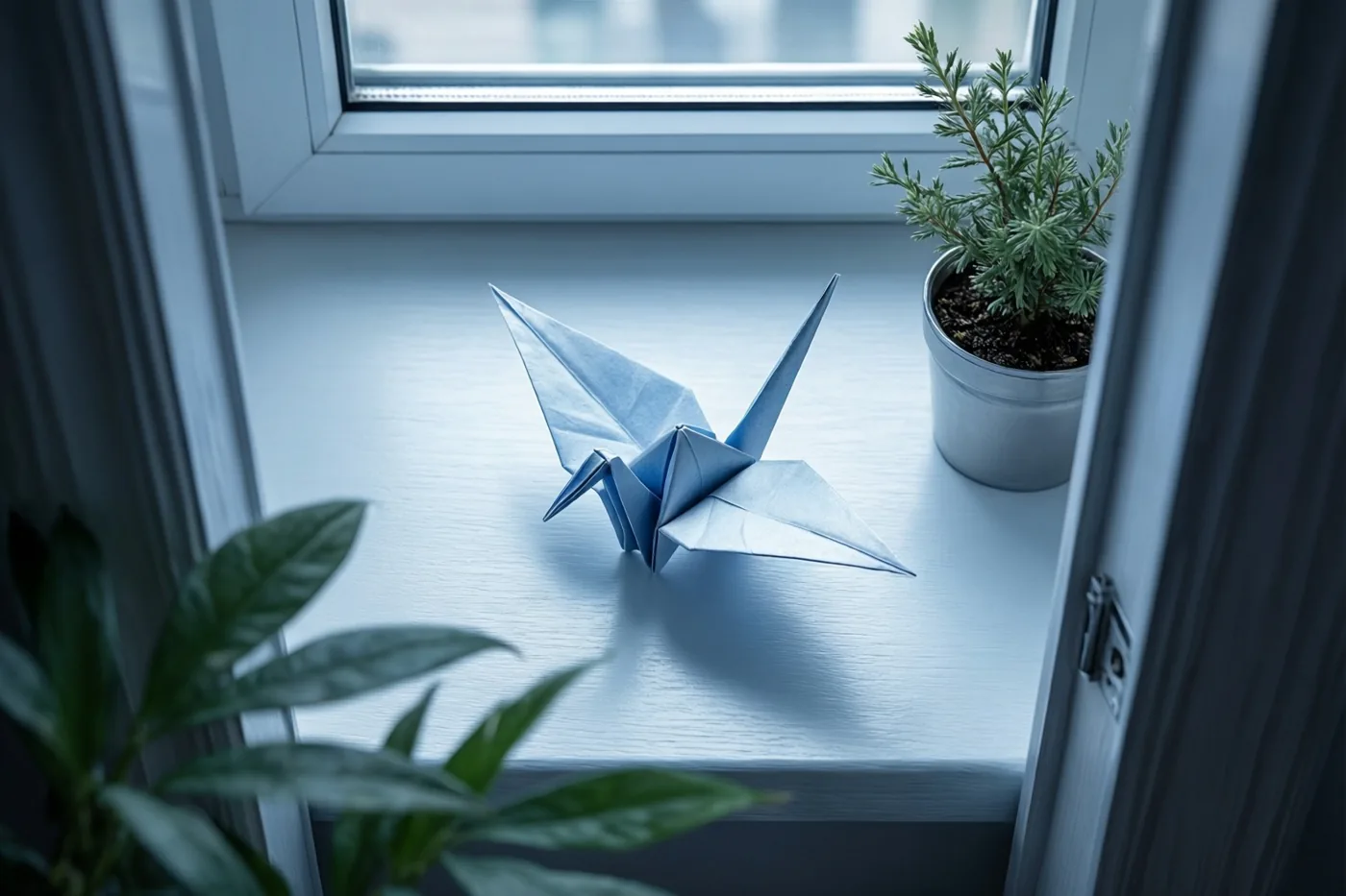 Een blauwe origamikraanvogel staat naast een kleine potplant op een witte vensterbank in zacht, koel licht.