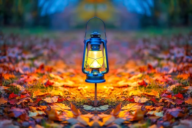 Een lichtgevende blauwe lantaarn op een stok staat midden op een bospad vol gevallen herfstbladeren, met een vervaagde achtergrond.