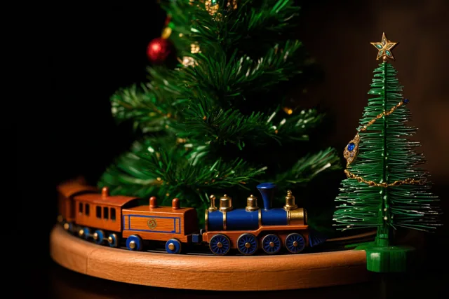 Een houten speelgoedtrein met een blauwe locomotief en bruine wagons staat op een houten spoor rond een grote versierde kerstboom, met rechts een kleine versierde boom tegen een donkere achtergrond.