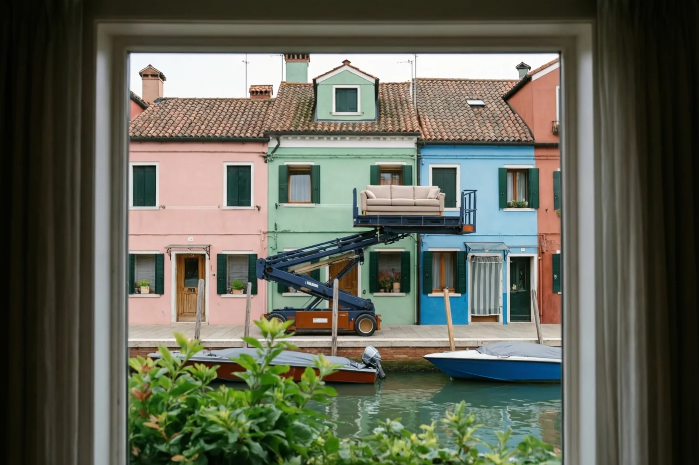 Door een raam is een blauwe meubellift met een beige zetel bij een balkon te zien, met kleurrijke huizen langs een kanaal en boten en groen op de voorgrond.
