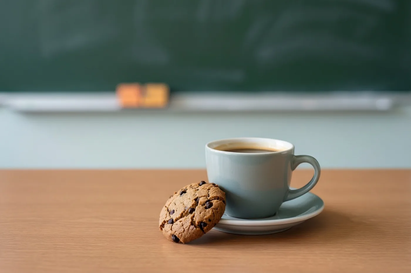 Een lichtblauwe mok koffie en een koekje met stukjes chocolade staan op een houten bureau voor een groen schoolbord, in zacht licht.