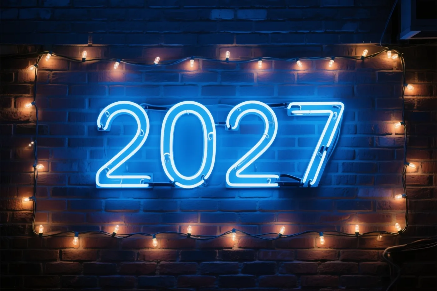 Felblauwe neoncijfers 2027 hangen op een donkere bakstenen muur met warme lichtslingers eromheen.