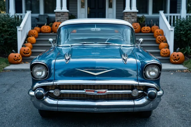 Een glanzende blauwe Chevrolet uit de jaren vijftig staat voor een huis met witte balustrades en veel uitgesneden pompoenen op de trap.