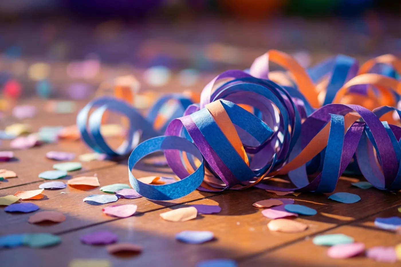 Kleurrijke papieren slingers en confetti in vooral blauw, paars en oranje liggen verspreid over een houten vloer in fel zonlicht.