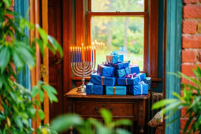 Een brandende kandelaar en blauw ingepakte cadeaus staan op een houten dressoir bij een raam, met groen blad rondom in beeld.