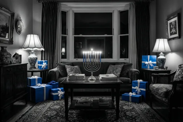 Een brandende kandelaar staat 's avonds op een centrale tafel tussen blauwe cadeaudozen met witte strikken in een sfeervol ingerichte woonkamer met donkere gordijnen en lampen.