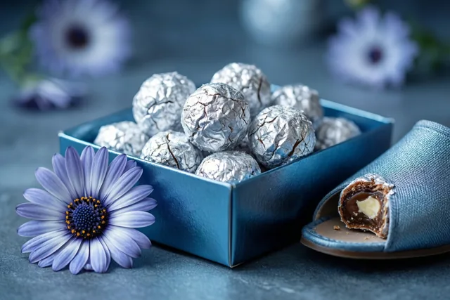 Een blauwe doos met pralines in zilveren wikkels staat naast een paarse bloem en een blauwe pantoffel met een gebroken praline erin op een donkerblauwe ondergrond.