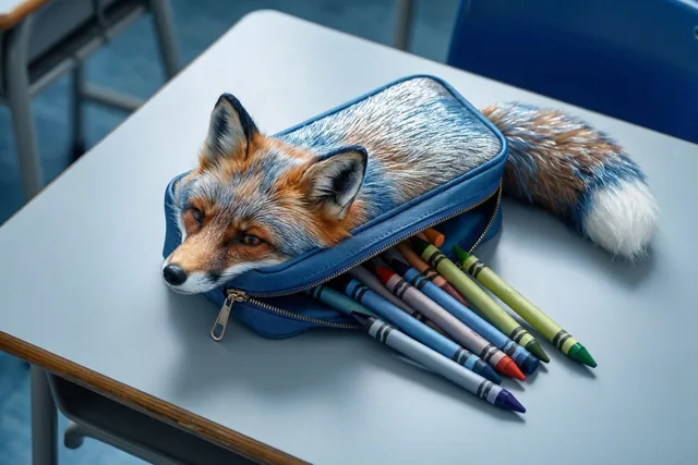 Een blauwe pennenzak in de vorm van een vos ligt open op een lichtblauwe schoolbank met waskrijtjes die eruit vallen en blauwe stoelen op de achtergrond.