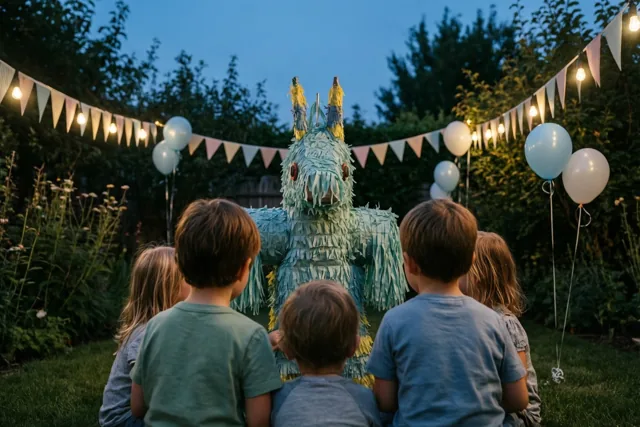 Kinderen, van achteren gezien, staan rond een grote lichtblauwe papieren piñata in een tuin met lichtslingers, vlaggetjes en ballonnen onder een schemerblauwe lucht.