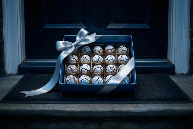 Een blauwe doos pralines met poedersuiker en een zilverkleurige strik staat op een donkere deurmat voor een donkere voordeur met een witte omlijsting.