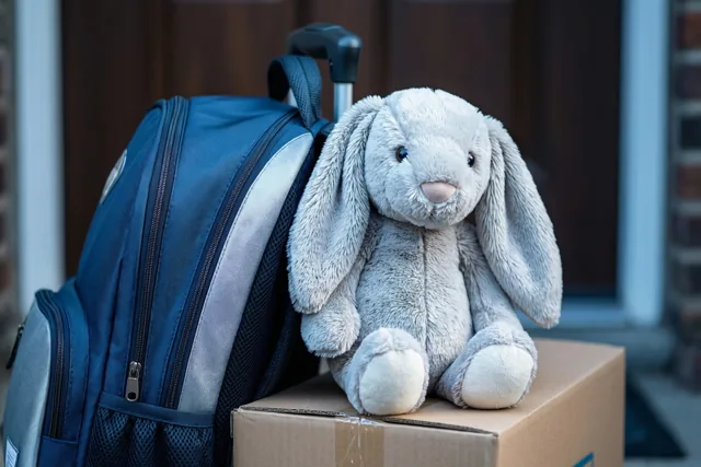 Een blauwe kinderrugzak met een uitschuifbaar handvat staat naast een grijs knuffelkonijn dat op een kartonnen verhuisdoos zit, buiten bij een donkere voordeur.