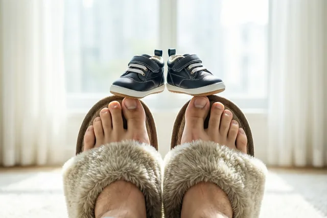Kleine blauwe babyschoentjes staan op de neuzen van grote pluizige beige pantoffels bij een helder raam met doorschijnende gordijnen.