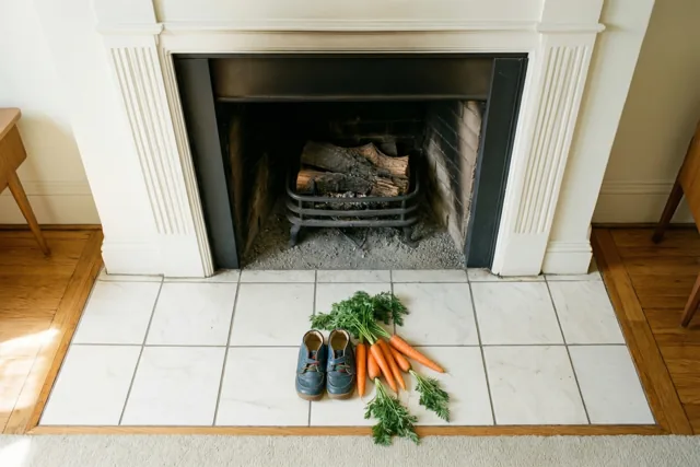 Blauwe kinderschoenen en wortels met loof staan op de witte tegels voor een witte haard met een zwart rooster in een jarenvijftigwoonkamer.