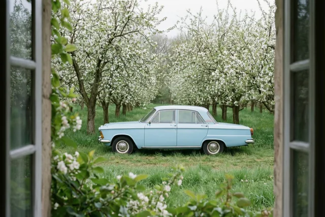 Door een open raam is een pastelblauwe sedan uit de jaren zestig te zien op een grasberm naast rijen witbloeiende bomen, met onscherpe bloesems op de voorgrond.