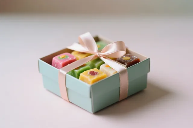 Een lichtblauwe geschenkdoos met kleurrijke vierkante mithai is dichtgebonden met een lichtroze lint en staat op een lichte ondergrond.