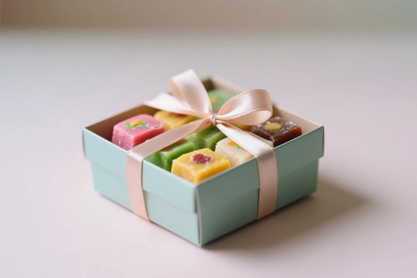 Een lichtblauwe geschenkdoos met kleurrijke vierkante mithai is dichtgebonden met een lichtroze lint en staat op een lichte ondergrond.