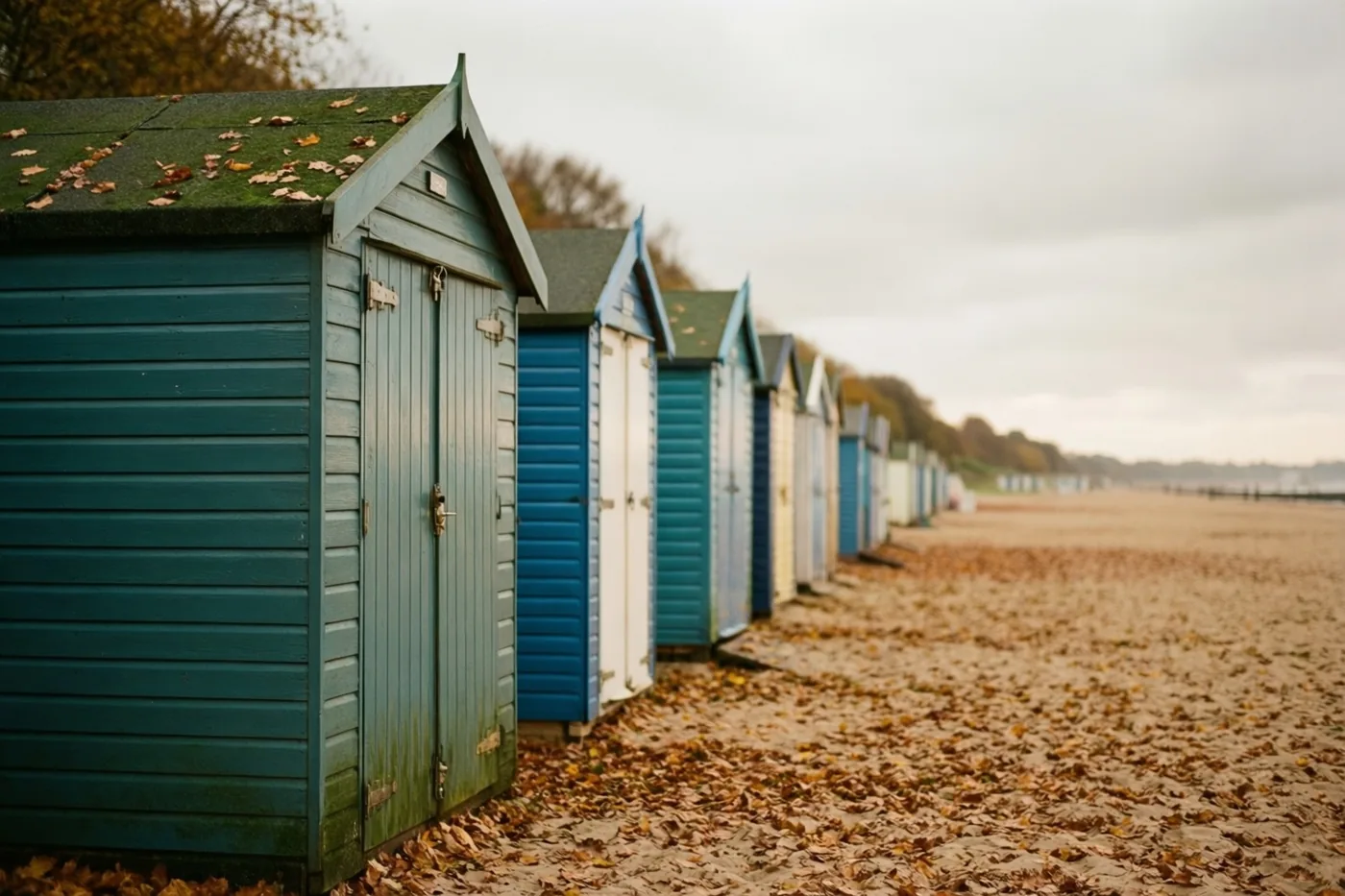 Gesloten strandhuisjes in gedempt blauw, blauwgroen en wit staan op een verlaten zandstrand vol herfstbladeren onder een grijze hemel.