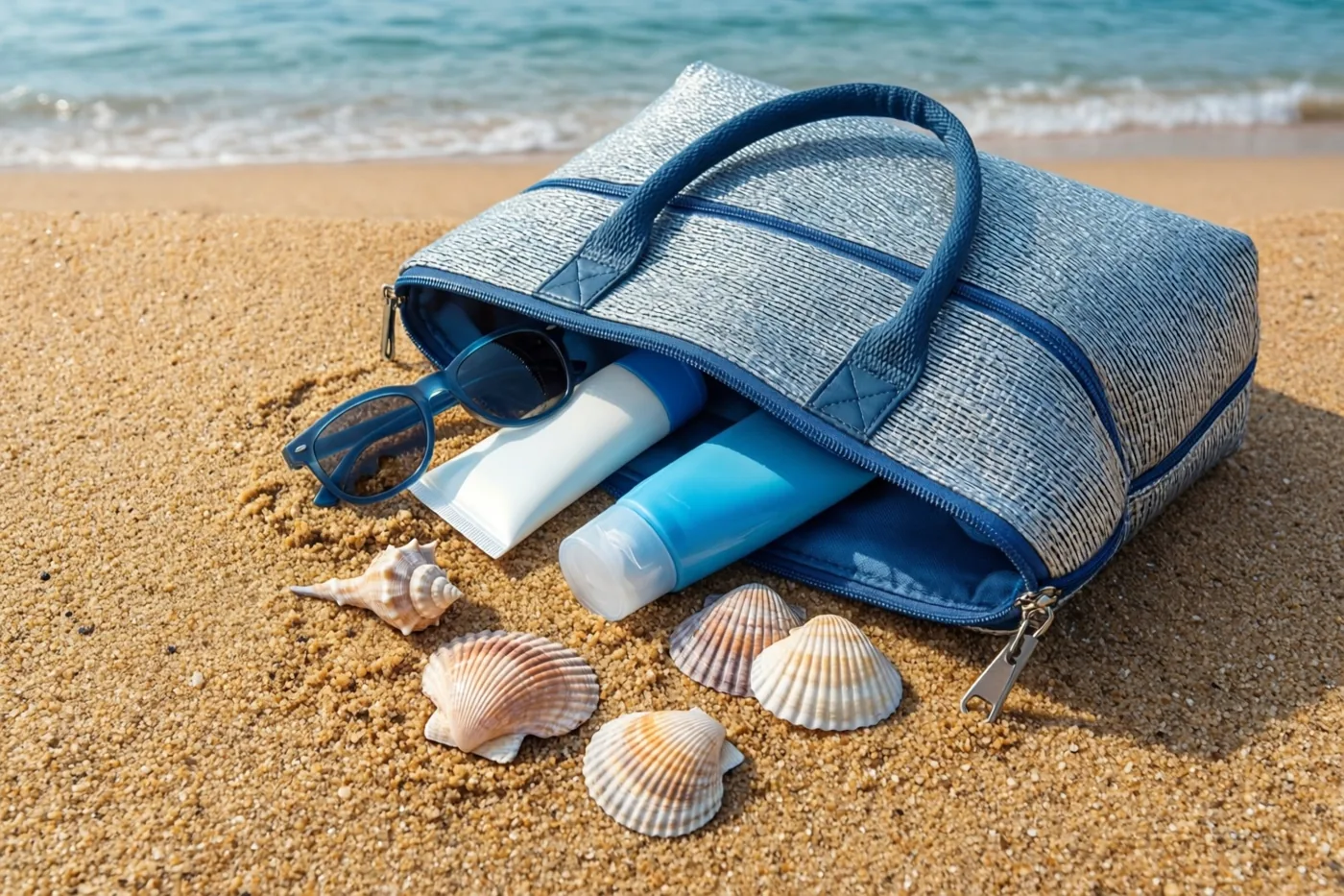 Uit een open blauwe strandtas op het zand komen flessen zonnecrème, een zonnebril en schelpen, met zachte golven aan de waterlijn op de achtergrond.