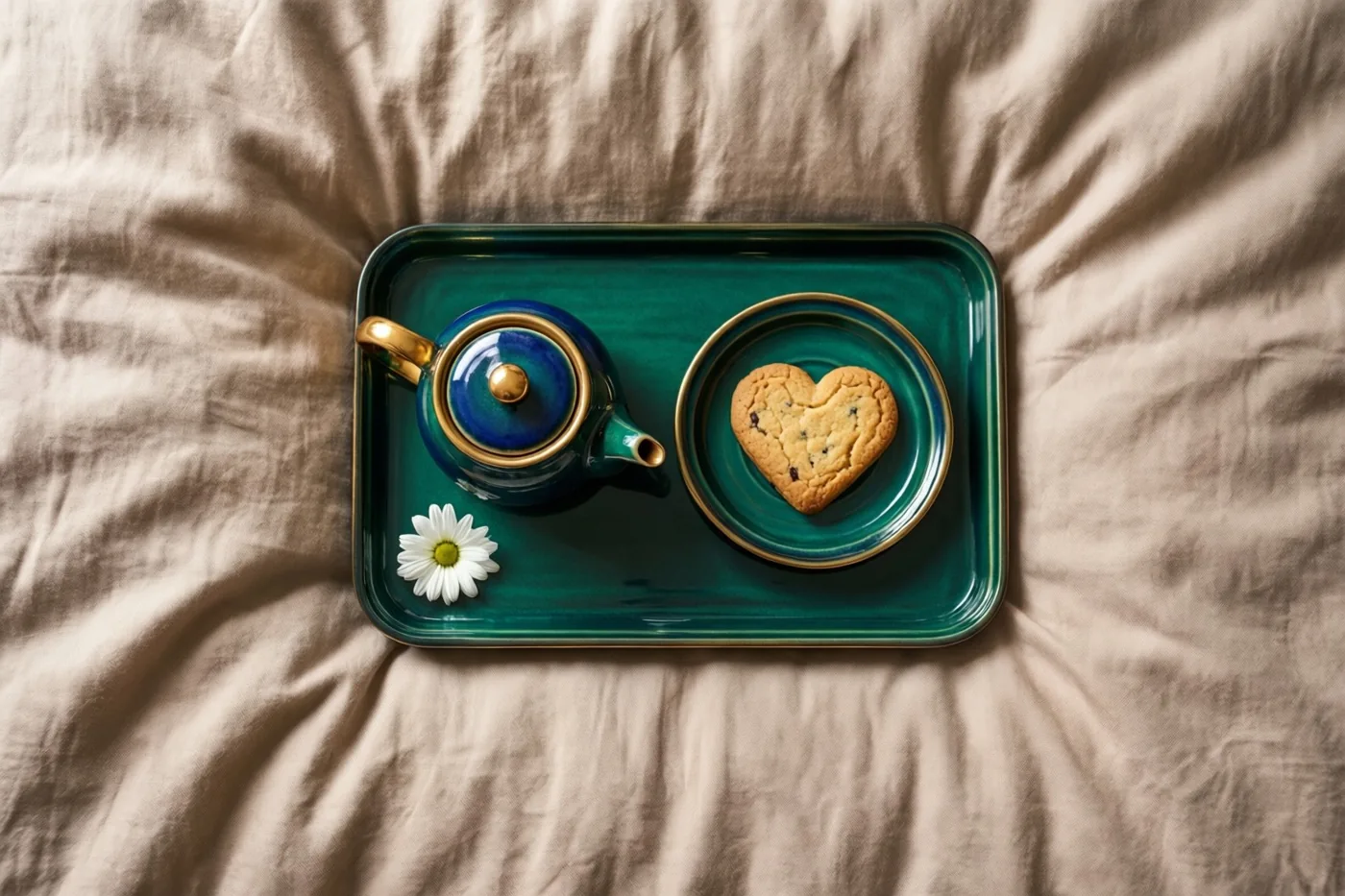 Op een beige dekbed staat een blauwgroen dienblad met een blauwe theepot, een hartvormig koekje op een bord en een witte margriet.