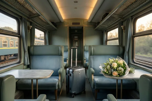 Een zilverkleurige koffer staat tussen blauwe zitbanken in een elegante treincoupé, met een boeket op tafel en goudkleurig licht dat door de ramen valt terwijl de trein door een bosrijk landschap rijdt.
