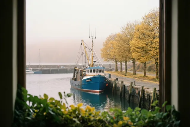 Door een raam is een blauwe vissersboot in een mistige haven te zien, met groen gebladerte op de voorgrond en gouden herfstbomen langs de kaai.