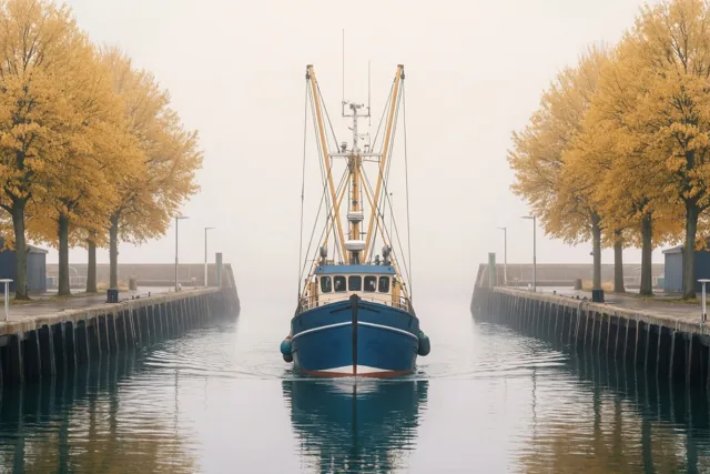 Een blauwe vissersboot vaart door een smal, mistig kanaal tussen kades met goudkleurige herfstbomen, met zachte weerspiegelingen op het water.