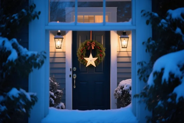 Door een besneeuwd raam is een donkerblauwe voordeur te zien met een groene krans en een lichtgevende sterlantaarn in warm buitenlicht.