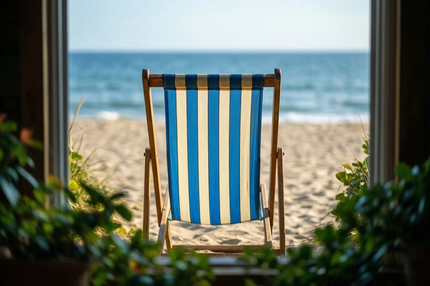 Door een raam met groen op de voorgrond is een blauw en crèmekleurig gestreepte ligstoel te zien op het zandstrand, naar de zee gericht.