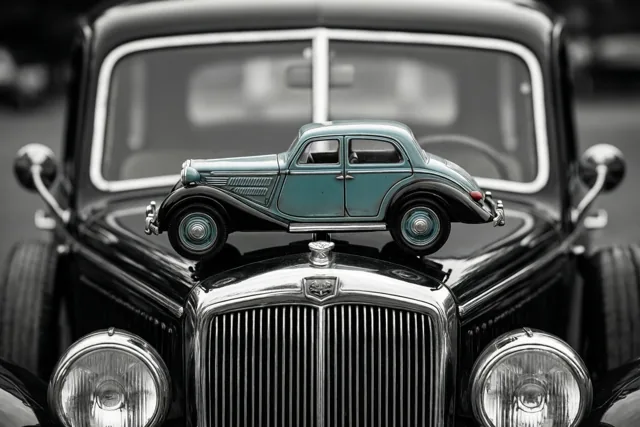 Een kleine blauwgroene blikken speelgoedauto staat op de motorkap van een zwarte klassieke auto, met het autootje in kleur en de achtergrond in zwart-wit.