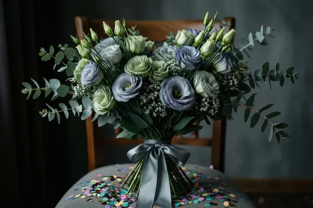 Een boeket blauwe en groene lisianthus met eucalyptus en een grijs zijden lint ligt op een stoelzitting met confetti, met een houten rugleuning tegen een donkere achtergrond.