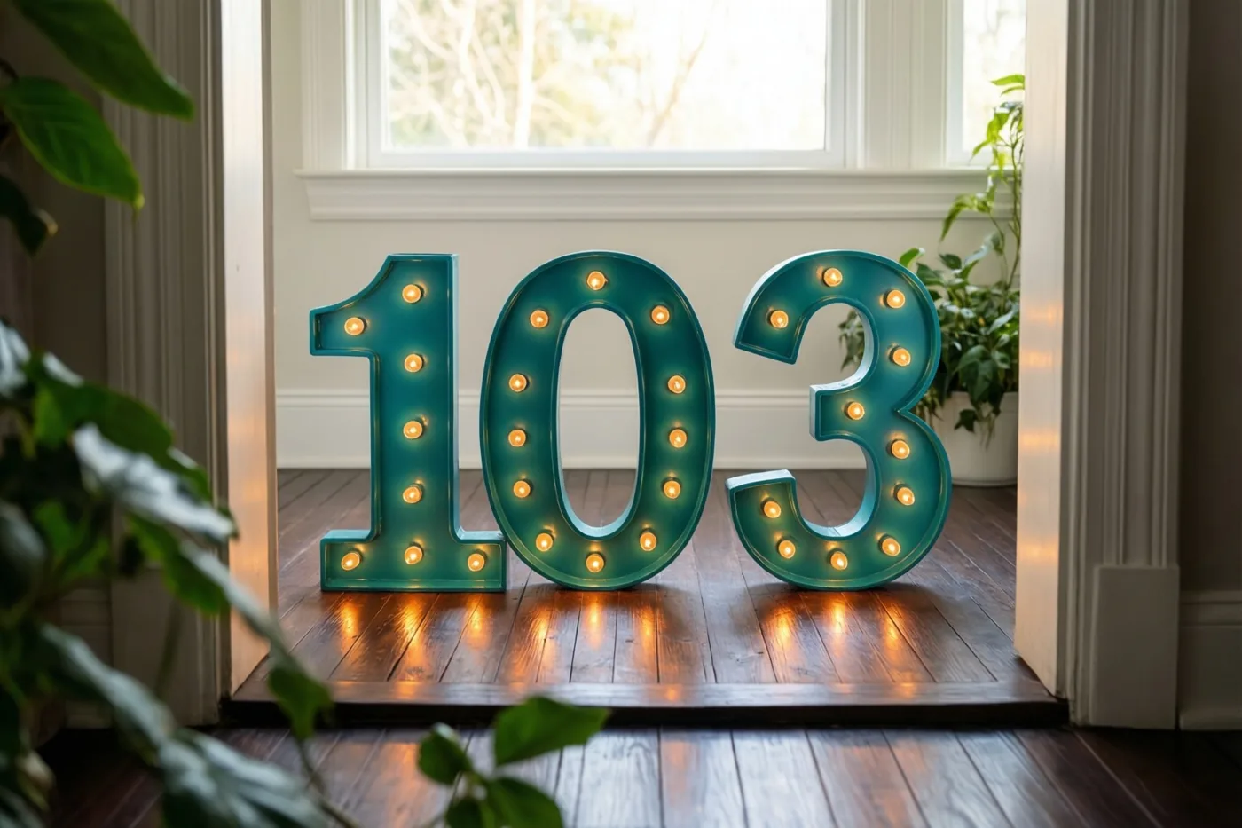 Grote verlichte blauwgroene cijfers vormen 103 op een donkere houten vloer in een deuropening, met raamlicht en groene planten op de achtergrond.