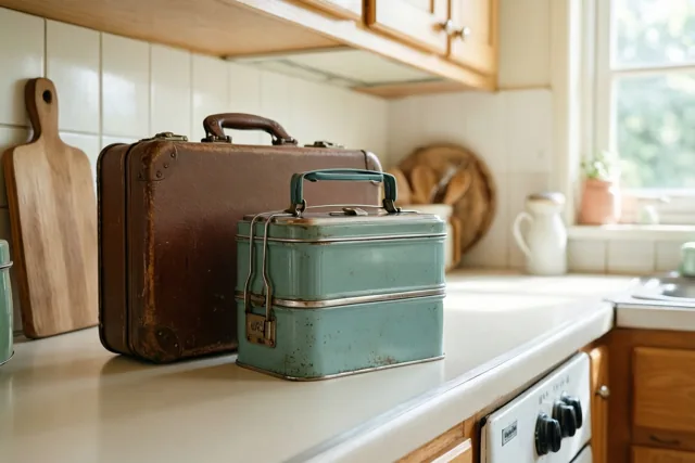 Een blauwgroene blikken brooddoos en een bruine leren aktetas staan naast elkaar op het aanrecht van een warm verlichte retrokeuken met houten kasten en witte wandtegels.