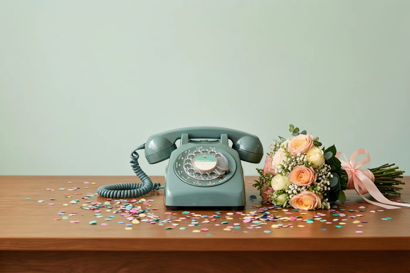 Een oude blauwgroene telefoon met draaischijf staat op een houten tafel naast roze en crèmekleurige rozen met een roze lint, tussen kleurrijke confetti en voor een lichtgroene muur.